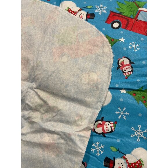Christmas Vinyl Tablecloth Round 70" Diameter Frosty Snowman & Truck Holiday - Picture 2 of 4
